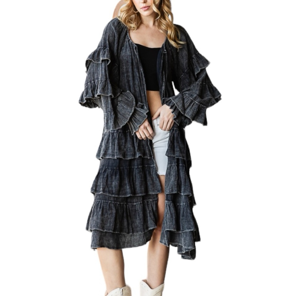 234. Women’s Black Mineral Wash Ruffled Long Duster NWT